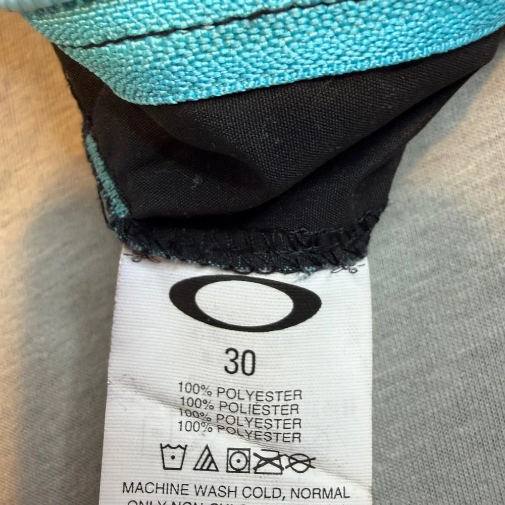 Oakley Mens Board Shorts Size 30 Black Turquoise Striped Swim Trunks Surfwear